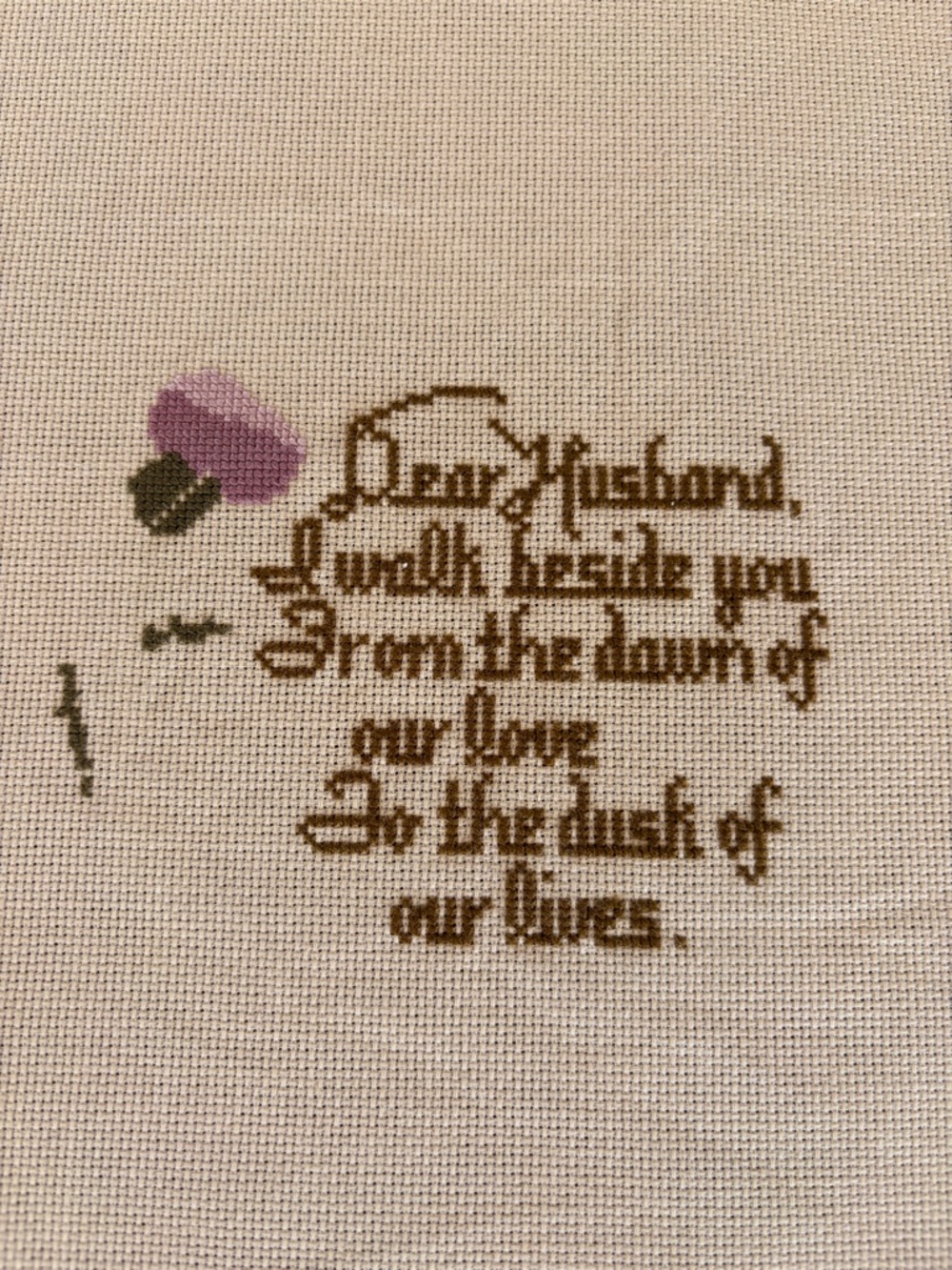 Hand-Embroidered Sentiment Cross Stitch in Cream and Brown with Purple Accent